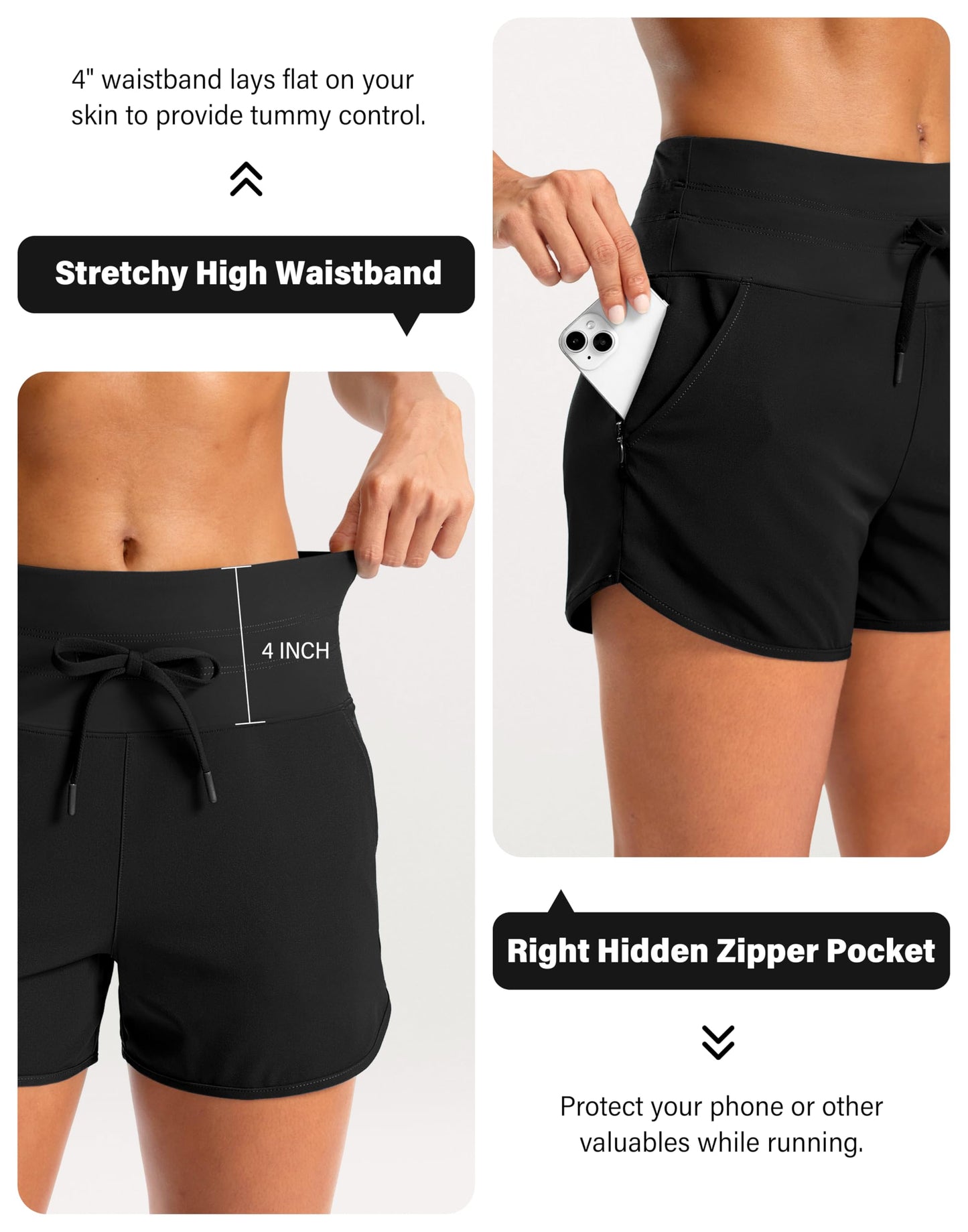 Soothfeel Women's Athletic Running Shorts with Zipper Pockets 3" High Waisted Workout Active Gym Shorts for Women with Liner Black Medium