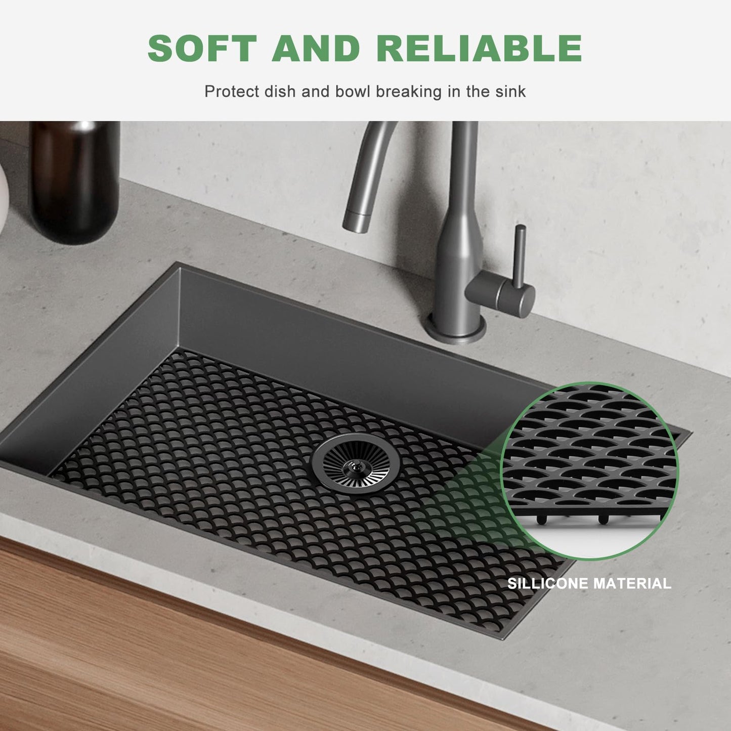 Sink Protectors for Kitchen Sink - Large 28.4"x 15" with Rear Drain Hole Heat Resistant Easy Clean Non-slip Silicone Kitchens Sinks Mat for Bottom of Kitchen Sinks Stainless Steel(Black)-72x38CM