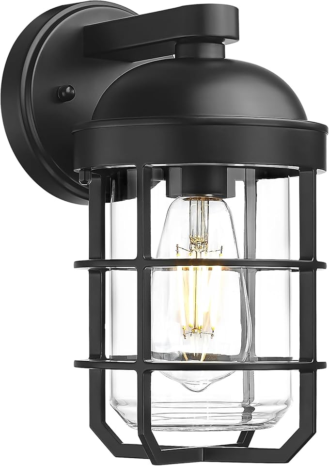 Emliviar 1-Light Outdoor Wall Sconce, Metal Cage Industrial Exterior Wall Light Fixture, Clear Tempered Glass with Black Finish, GE255BL BK