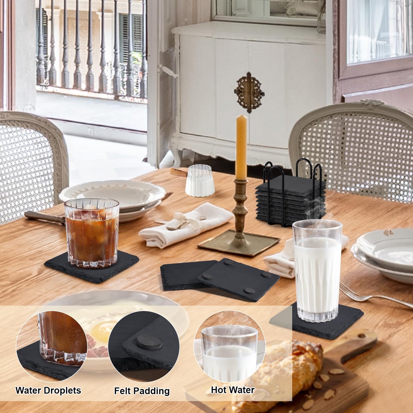 MAPRIAL Slate Drink Coasters with Holder, 4 Inch 12 Pieces Square Rustic Coasters Black Stone Coaster Set with Anti-Scratch Backing for Laser Engraving, Home Decor, Kitchen, Protect Table, Gifts