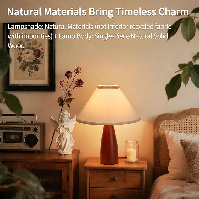 Bedside Table Lamp for Bedroom, Mid-Century Modern Plug in Fabric Shade & Solid Wood Base Desk Lamp, Plug & Play Warm Brown Nightstand Lamp for Living Room, Office, Switch Power Cord 【Bulb Included】