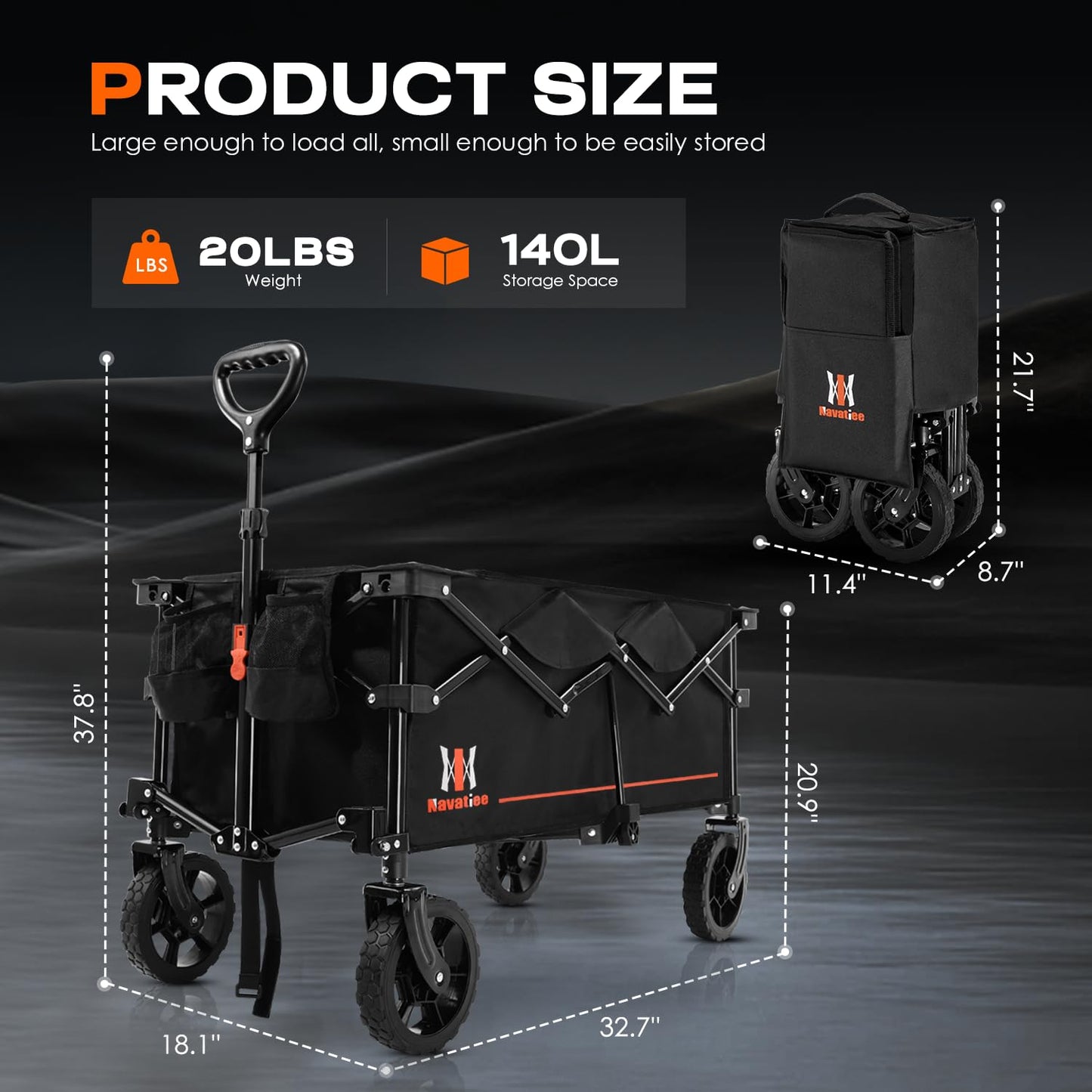 Navatiee 140L Collapsible Folding Wagon, Large Capacity Foldable Wagon with Silent All-Terrain Wheels, Utility Grocery Cart for Camping Shopping Outdoor, Black