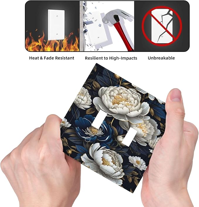 White Gold Blue Flower Light Switch Covers Double Toggle 2 Gang Wall Plate Dual Decorative Switchplate Electrical Faceplate for Farmhouse Living Room Decor