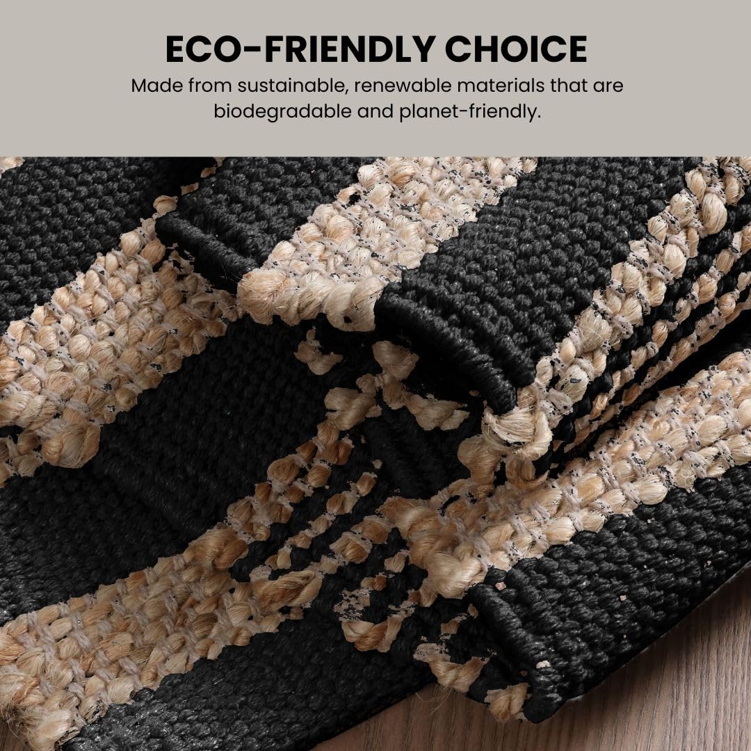 Threadvista Hand Woven Area Rug 2x3 Feet - Rustic Farmhouse Boho Accent Rug for Living Room Bedroom Kitchen Entryway Floor Mats Non Slip - Ideal for High Traffic Areas Jute Cotton Rug Natural Black
