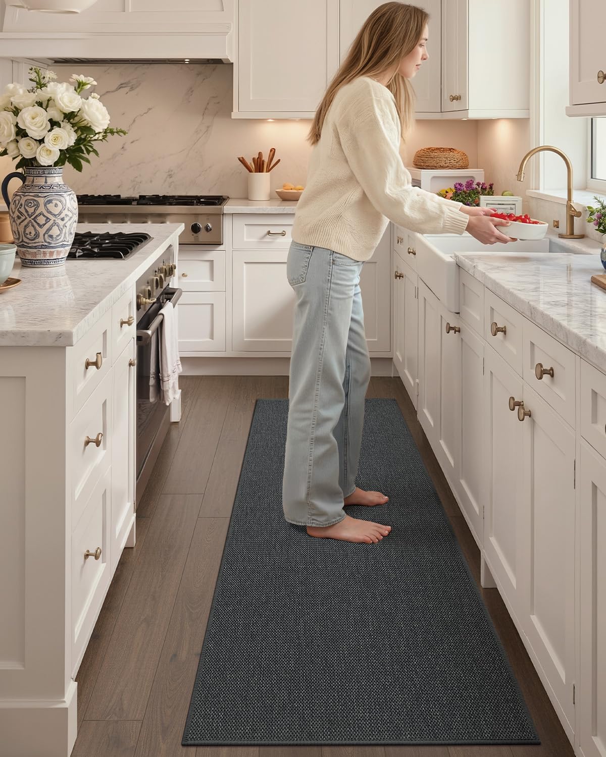 Color&Geometry Kitchen Rugs and Mats Non Slip Washable, Absorbent Kitchen Mats Woven Runner Rug Easy to Clean Kitchen Floor Mats for in Front of Sink, Laundry Room, Hallway, 17”x47”, Dark Grey