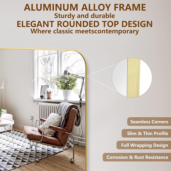 Koonmi Full Length Mirror, 78"x35" Mirror Full Length with Stand, Gold Domed Top Square-Edged Floor Mirror with Aluminum Alloy Frame for Bedroom Living Room