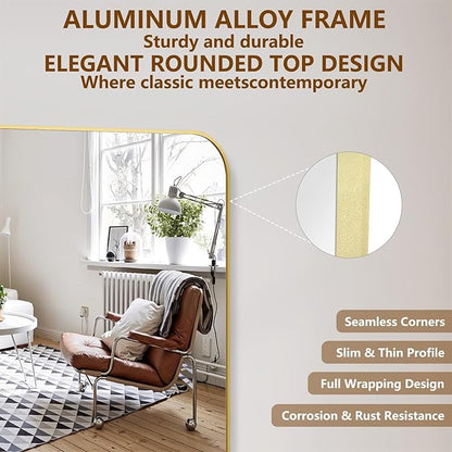 Koonmi Full Length Mirror, 78"x35" Mirror Full Length with Stand, Gold Domed Top Square-Edged Floor Mirror with Aluminum Alloy Frame for Bedroom Living Room