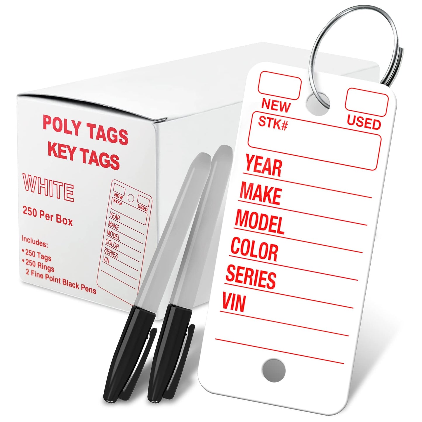 Poly Tag White Key Tags with Ring - 250 Count - Includes Rings and 2 Fine Point Pens - Plastic Car and Automotive Dealer Tags