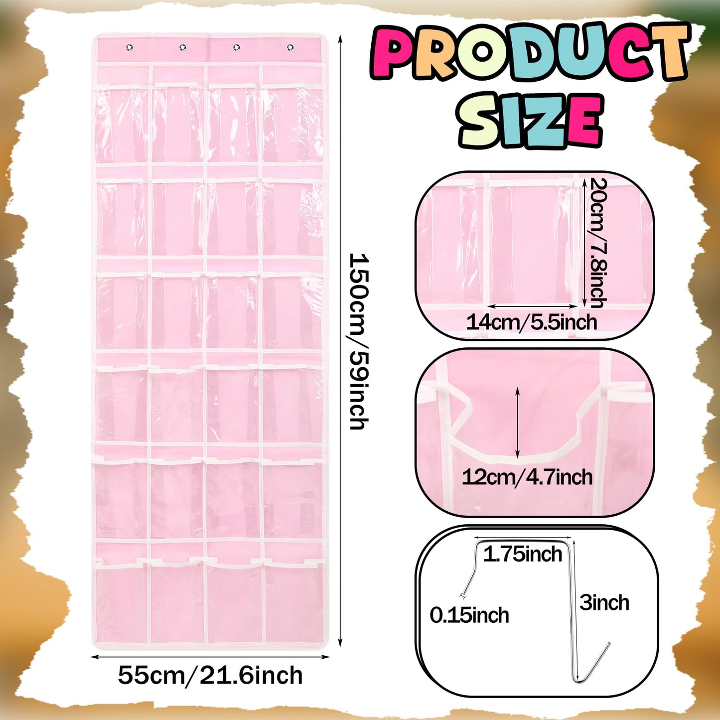 Maasechs Classroom Headphone Storage Organizer 24 PVC Clear Over The Door Hanging Classroom Headphone Holder Pocket with 4 Hooks for School Library(Pink)