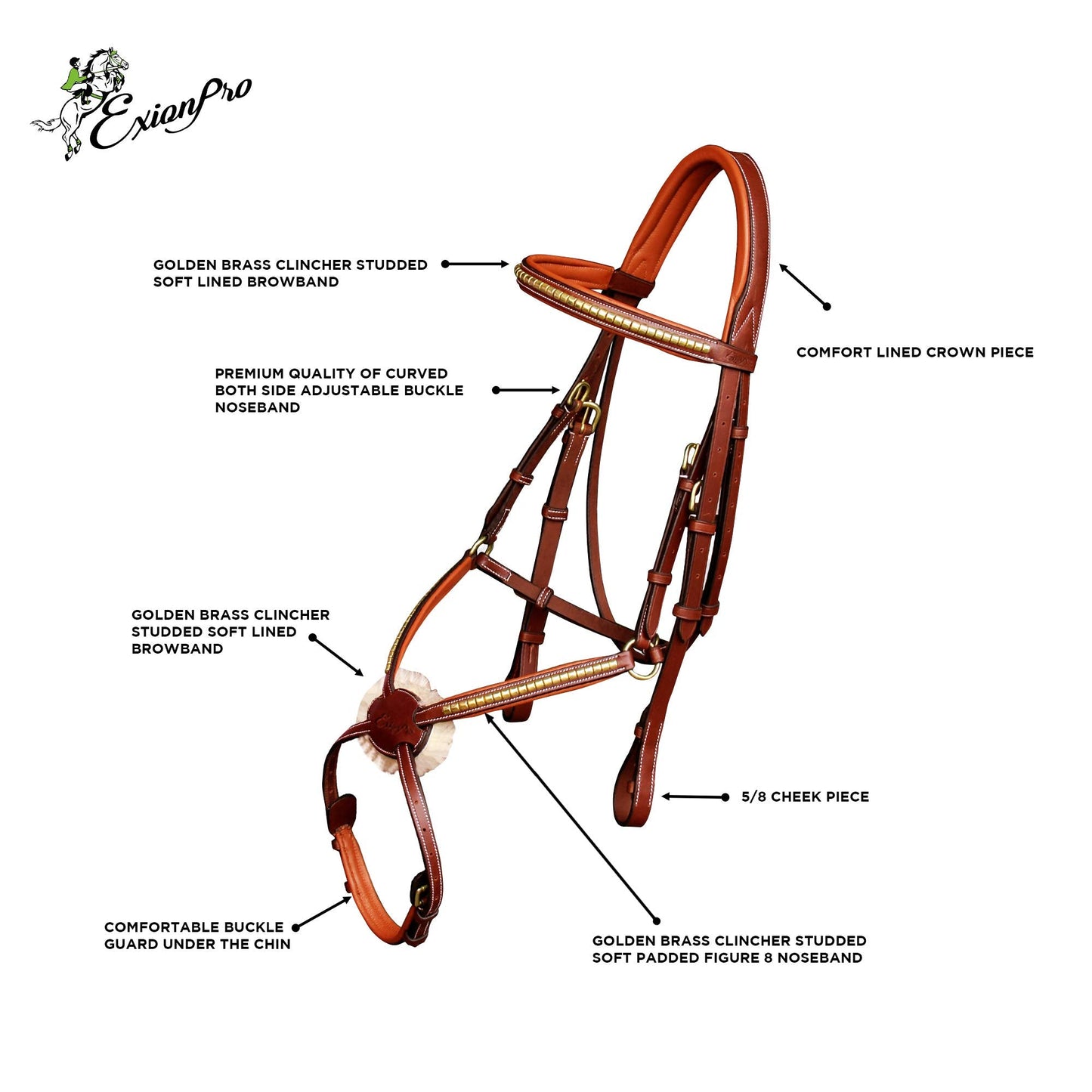 Exion Premium English Leather Figure 8 Bridle with Silver Clincher Noseband & Browband | Soft Padded Anatomical Crown Piece | Rubber Reins & Brass Buckles | Adjustable Fit | Jumping, Hunter, Eventing