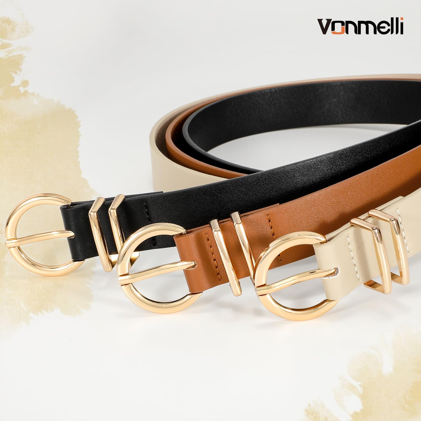 VONMELLI 3 Pack Women's Belts for Jeans Dresses Leather Belts for Women Ladies Waist Belt with Gold Buckle, Black Brown Beige S