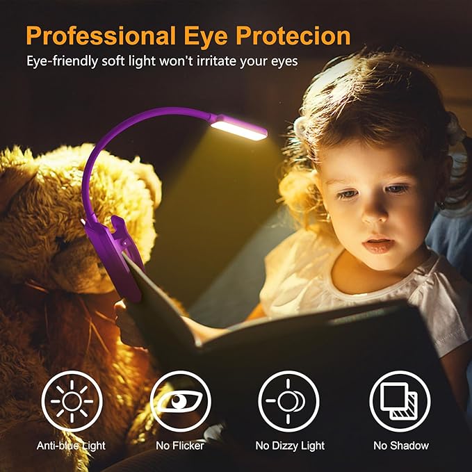 Gritin 9 LED Rechargeable Book Light for Reading in Bed - Eye Caring 3 Color Temperatures,Stepless Dimming Brightness,80 Hrs Runtime Small Lightweight Clip On Book Reading Light-Dark Purple