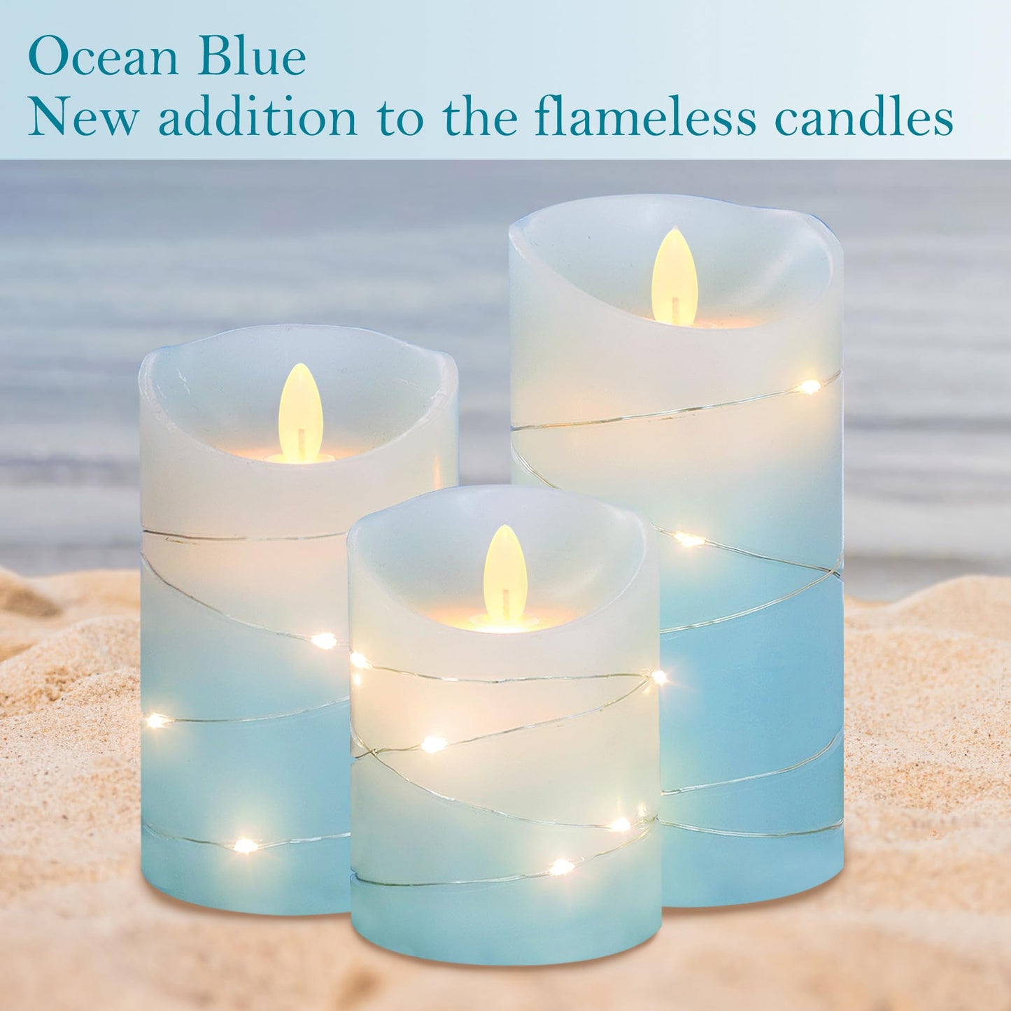 MELTONE Nautical Flameless Candles with String Lights Real Wax Ocean Blue Flickering Battery Operated Candles with Remote Control & Timer - Home Farmhouse Xmas Kitchen Dining Room Decor - Set of 3