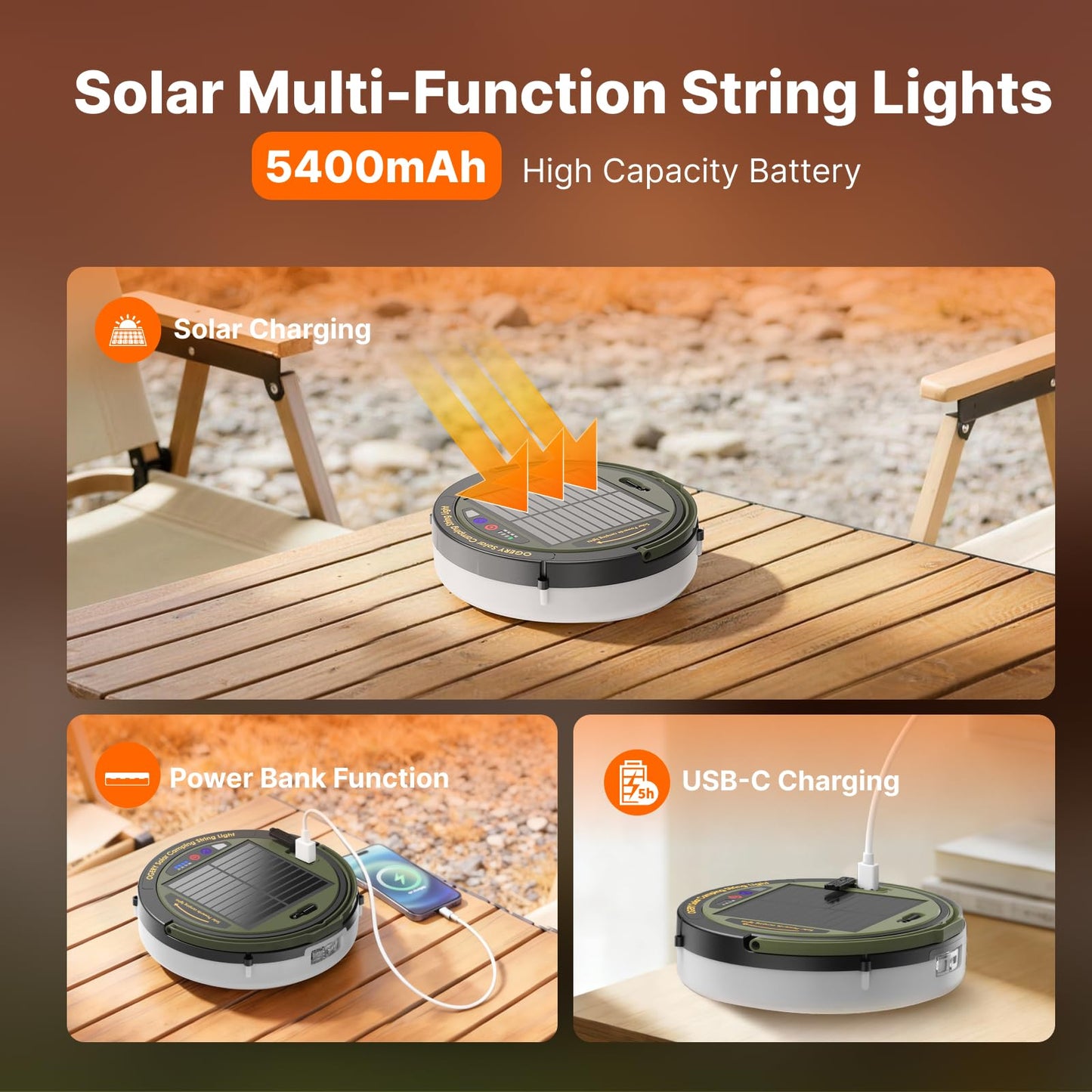 OGERY Solar Camping String Lights, 5400mAh/ 49.2FT/ 11 Modes Rechargeable Camping Lights Outdoor/Indoor, 4-in-1 Quick Storage Fairy Tent Lights Portable LED Lamp for Patio Yard Party Decor Essentials