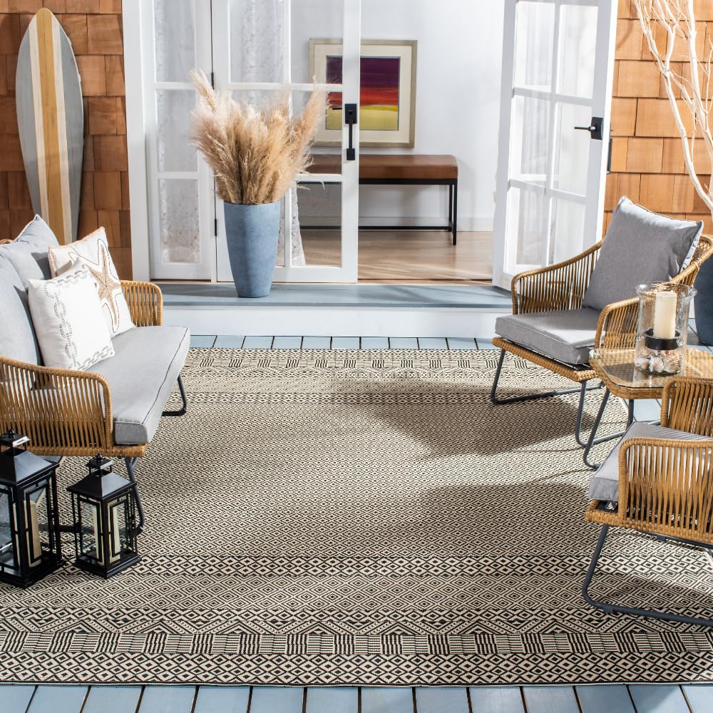 SAFAVIEH Washable Rug Outdoor Courtyard Collection - 8' x 10', Beige & Black, Non-Shedding & Easy Cleaning, Ideal for Patio, Backyard, Mudroom, DIning Space (CY6235-25612)