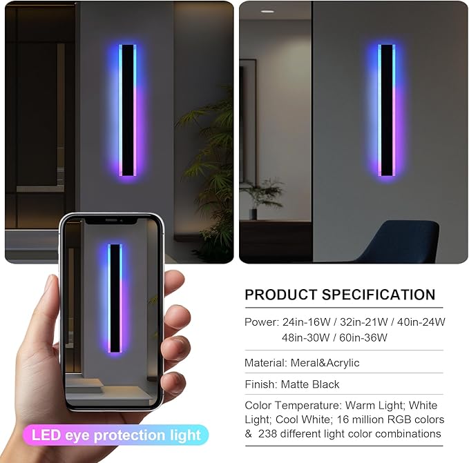 2 Pack Outdoor Long Wall Light for Porch, 24 inch Modern RGB Led Wall Lights Fixture, Dimmable Outside Wall Sconce Linear Lights, Exterior Lighting Fixtures for Garage, Patio, Front Door
