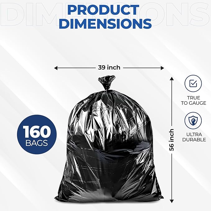 55 Gallon Large Trash Bags – 160 Mega Pack – 20 Micron Black Contractor Garbage