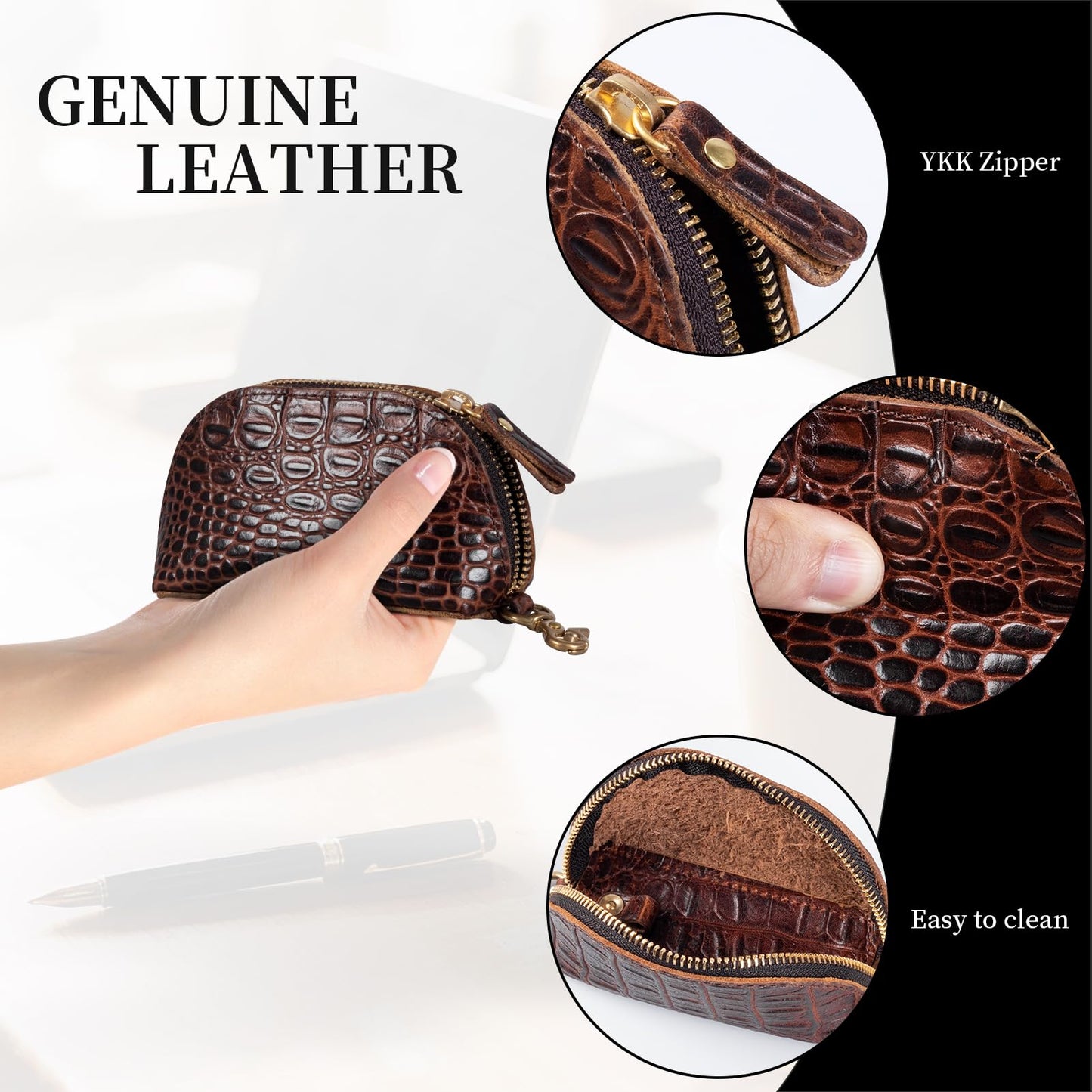 Gexmil Genuine Leather Coin Purse with Zipper, Full Grain Leather, Mini Coin Pouch for Women Men, Change Wallet,Crocodile Brown