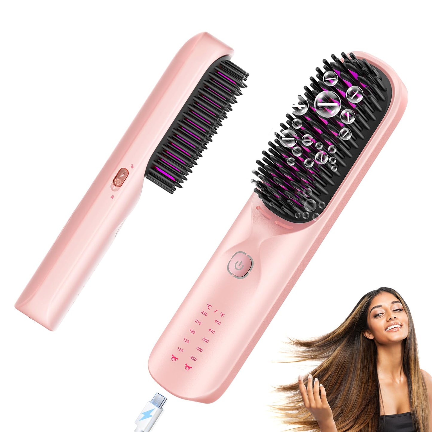 Cordless Hair Straightener Brush - Portable Hair Brush for Travel - 30s Fast Heating - 300 Million Negative Ions for Frizz-Free Shine,Touch Up On-The-Go,Gift for Women,10000mAh