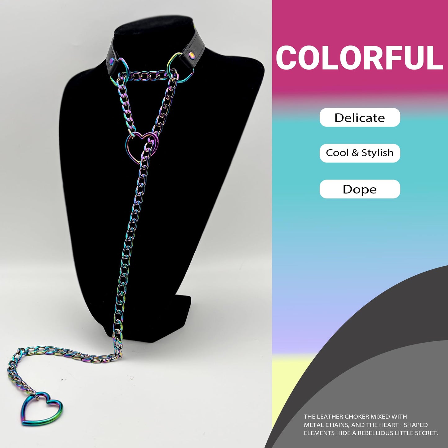 paloli Vegan Leather Choker Necklace with Heart Chain – Adjustable Strap Punk Gothic Collar with Cute Heart Metal O-Rings, Stylish Jewelry for Women