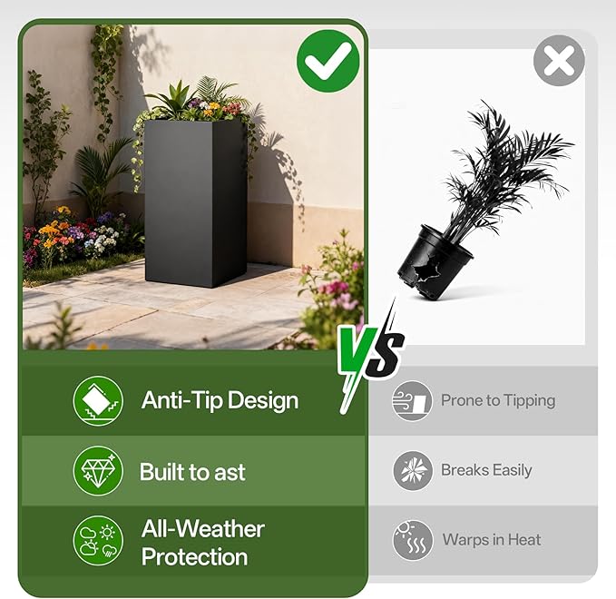 Metal Planter Box 14" x 14"x 30",Heavy-duty Galvanized Steel Outdoor Planter with Removable Built-in shelf and Drainage Holes,Rectangular Planter for Porches, Gardens, Patios, and Courtyards，Black