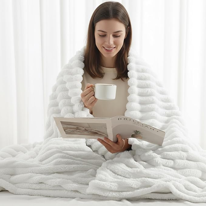 decorUhome Soft Fleece White Blanket Queen Size for Bed, Cozy Fluffy Plush Flannel Large Striped Throws for Couch Sofa, Lightweight Decorative Fuzzy Blanket for Woman, 90x90 Inches