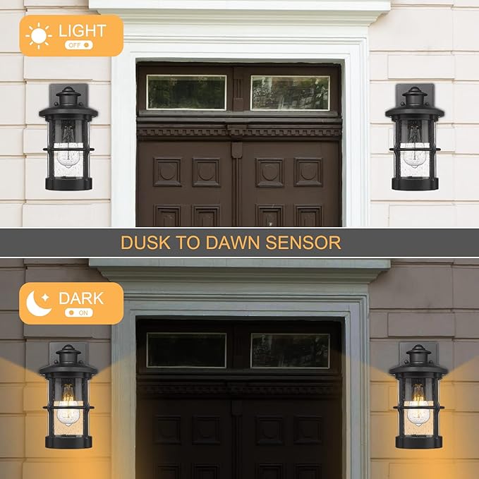 Outdoor Wall Sconces, Dusk to Dawn Outdoor Wall Lights, Exterior Wall Mount Lighting, Wall Light Fixture in Black Finish with Seeded Glass, 2 Pack, DDLTM-W-2Pack