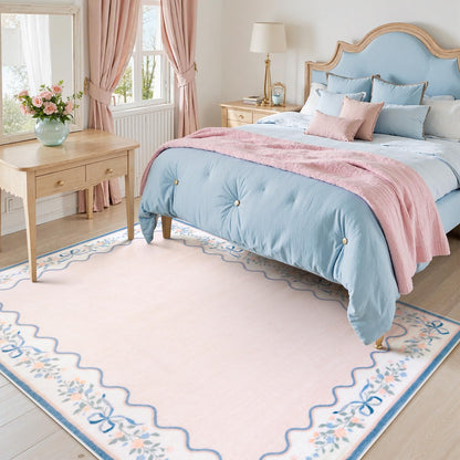 Seavish Pink Floral Rugs for Bedroom Girls, 5x7 Area Rugs for Living Room, Soft Washable Scalloped Nursery Rug, Boho Farmhouse Non-Slip Low Pile Carpet Rug for Kids Playroom Dining Room Office