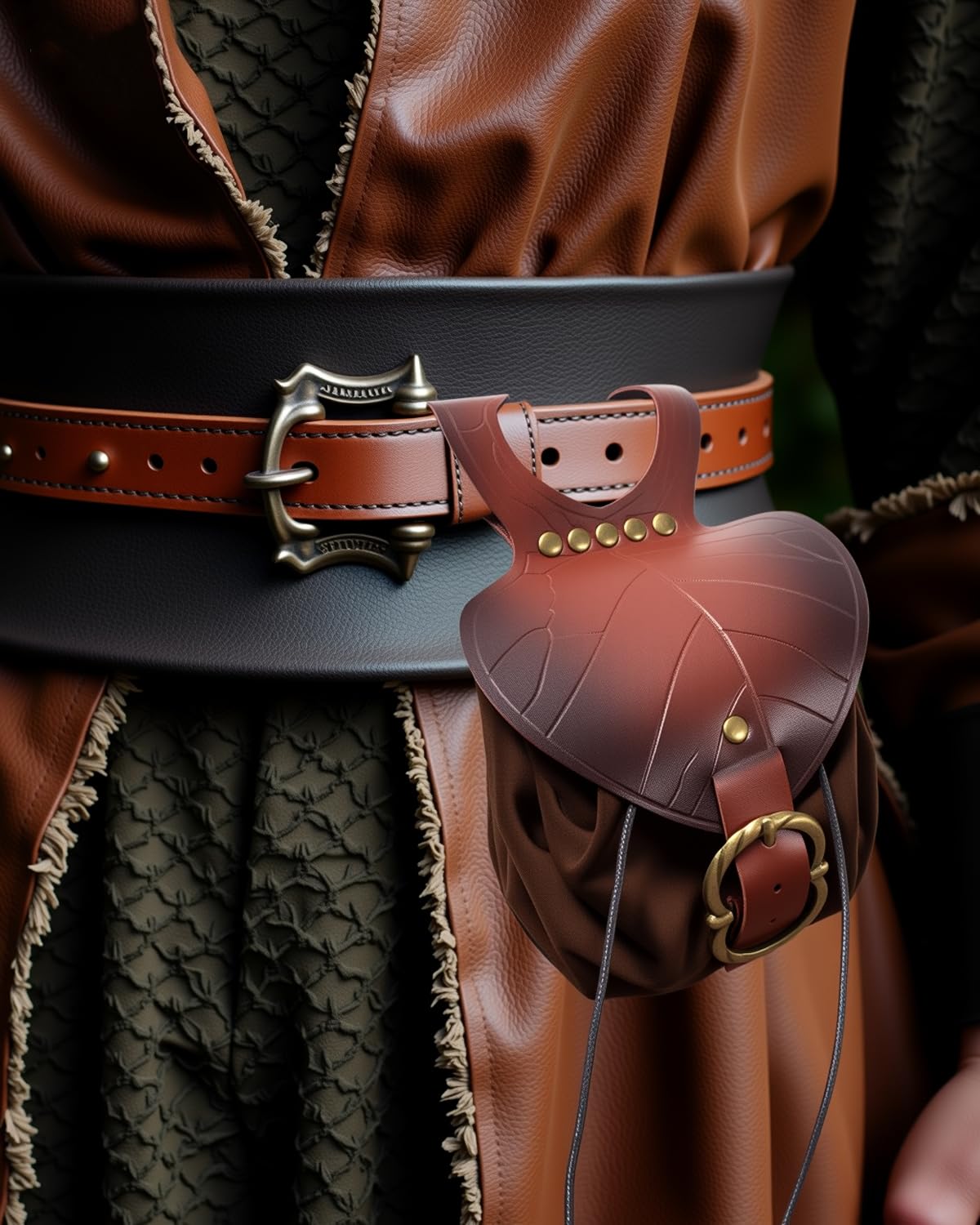 Leather Belt Pouch Medieval Vintage Renaissance Viking LARP Cosplay Costumes Drawstring Coin Purse Phone Holder Waist Bag (Leaf Brown)