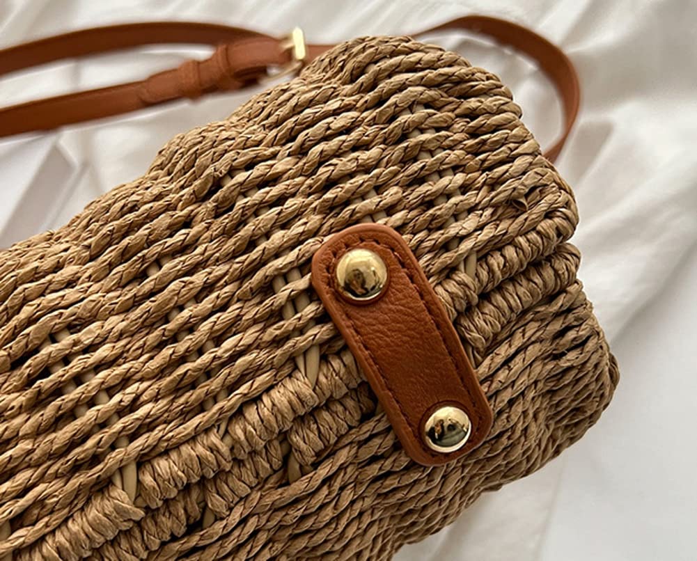 Summer Straw Bag for Women Straw Hand-woven Top-handle Handbag Crossbody Tote Clutch Bags for Travel Khaki Medium