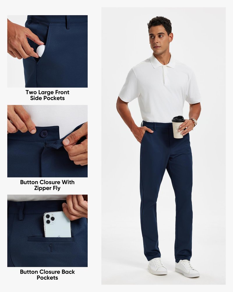 Men's Classic Fit Stretch Golf & Dress Pants 32'' - All-Day Comfort Performance Pants for Travel, Business Casual & Work Royal Blue, 34W x 32L