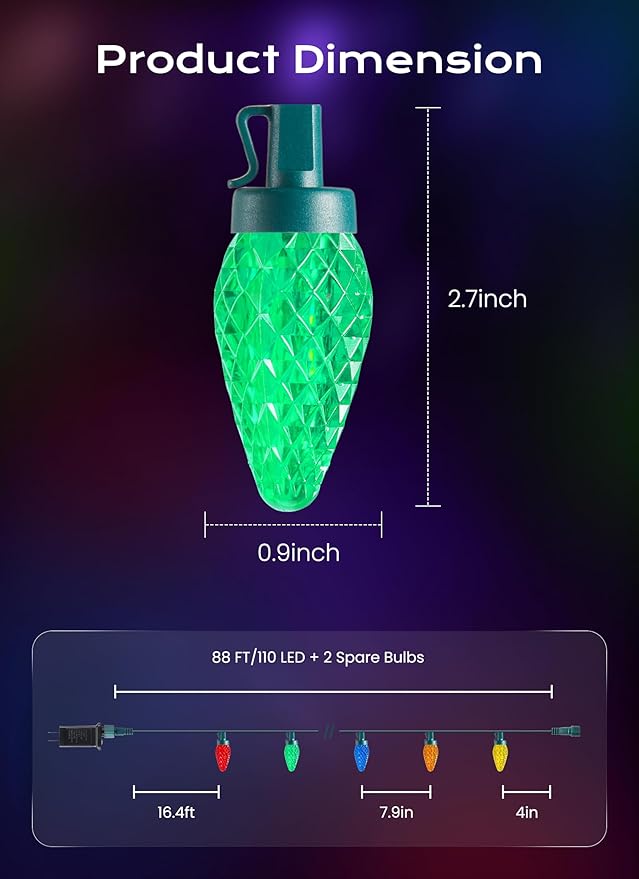 C9 Outdoor Christmas Lights, 72 FT 110 LED C9 String Lights, 8 Modes & Timer Connectable Waterproof for Christmas Tree light Indoor Outdoor Roofline Patio Outside Yard Holiday Xmas Decor, Multicolor