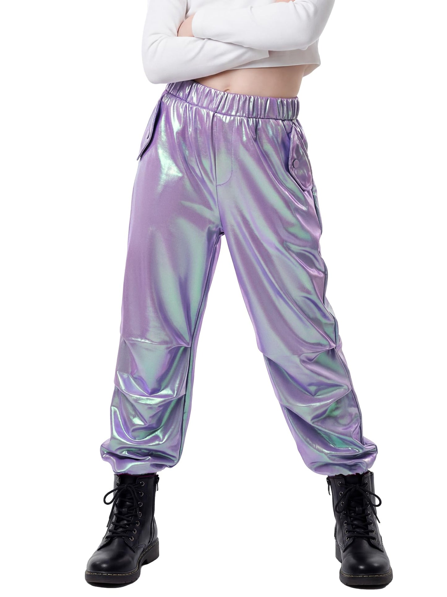 Stelle Girls Metallic Cargo Pants Shiny Hip Hop Dance Joggers Sparkly Stretchy Wide Leg Street Pants for Kids,Iridescent Purple,8-9 Years
