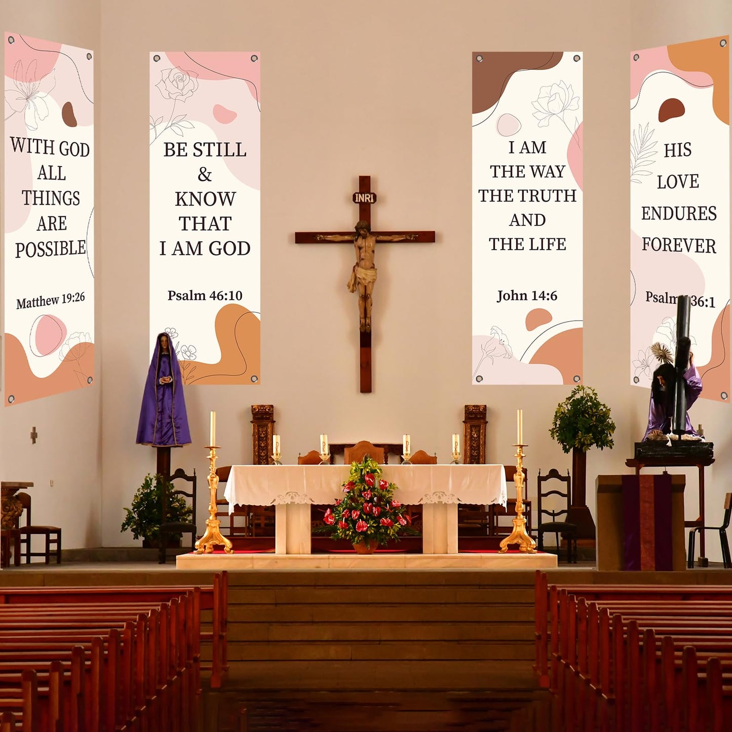 4Pcs Boho Church Banners for Sanctuary Wall Worship Church Banners with Scripture Welcome Inspirational Religious Hanging Backdrop Bible Verses Banner Hanging Signs for School Church Boho Decor