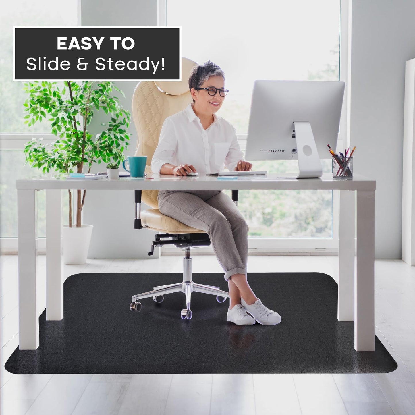 Office Chair Mat for Hardwood Floor: 63" x 51" Extra Large Black Office Chair Mats, Anti-Slip Rubber Floor Mat for Gaming Rolling Chair, Heavy Duty Sturdy Floor Protector Mat Under L Computer Desk