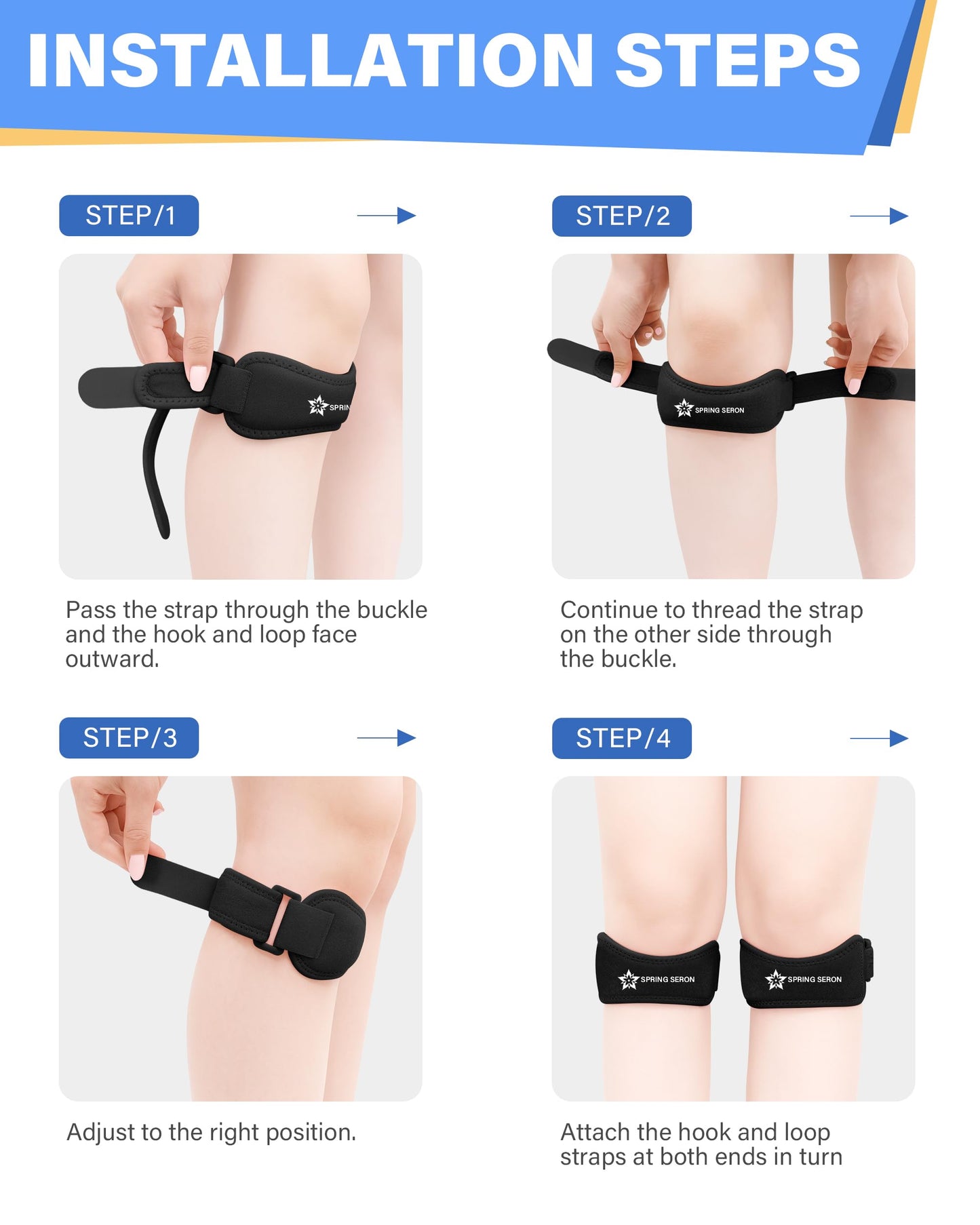 SPRING SEAON Patella Knee Strap 2 Pack, Adjustable Patellar Tendon Support Band, Knee Brace Strap for Knee Pain Relief, Running, Basketball, Volleyball, Hiking, Squats, Youth & Adults (Black)