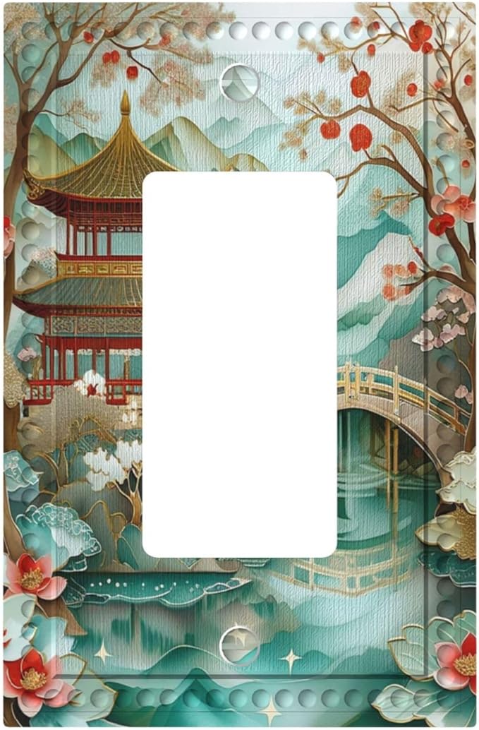 Asian Palace Traditional Bridge Cherry Blossoms Single Decora Outlet Wall Plate 1 Gang Rocker Decorative Switchplate Faceplate GFCI Light Switch Covers for Home Living Decor