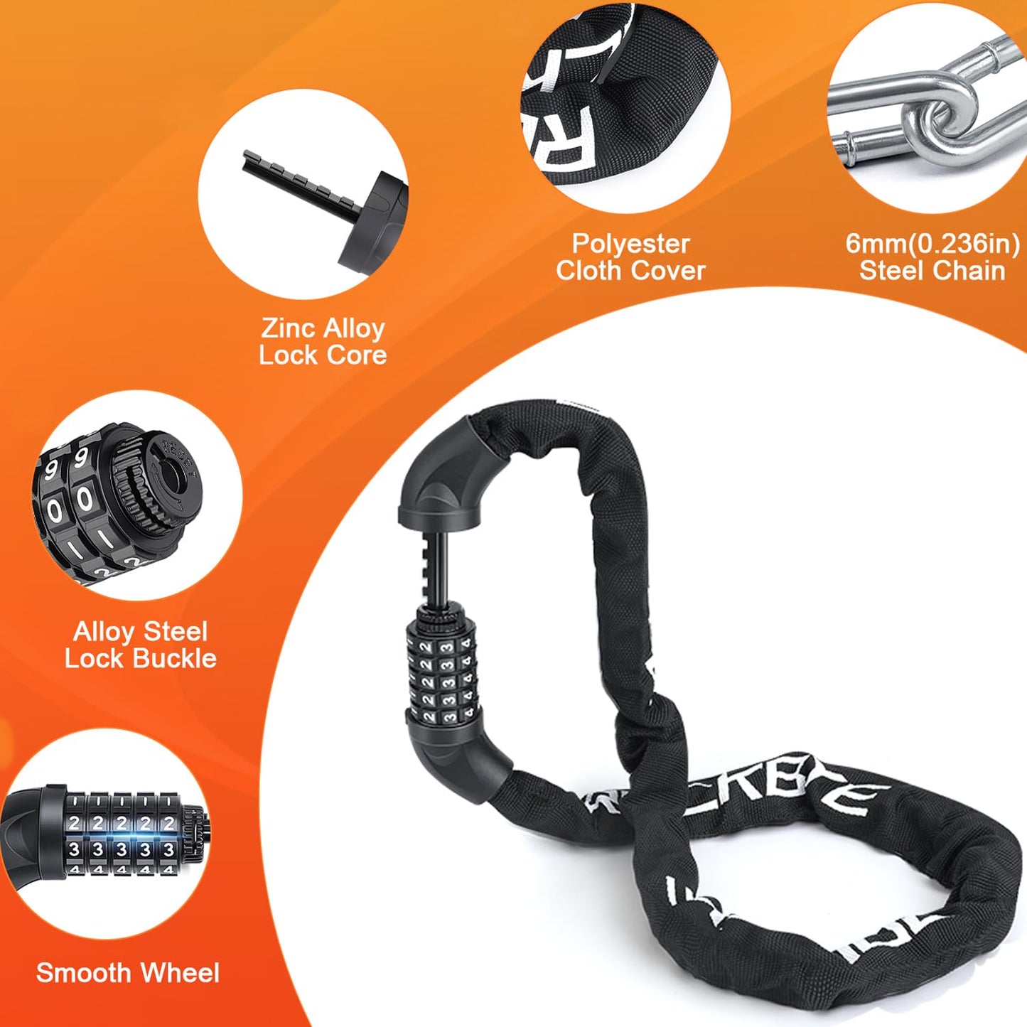 Heavy Duty Bike Chain Lock, 5 Digit Combination Resettable Bike Lock, Anti-Theft Hardened Steel Chain Bicycle Locks Keyless 3.2Ft Long 6mm/0.24" Thick for Bikes, E-Bike, Motorcycle, Motorbike