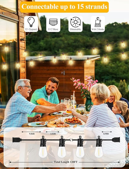 Brightever 120FT Outdoor String Lights Waterproof, LED Patio Lights with 34 S14 Shatterproof Vintage Bulbs(2 Spare), 2700K Outside Hanging Decorative Lights for Cafe, Bistro, Party, Birthday, Holiday