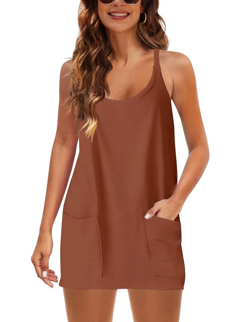 Lentta Womens Athletic Sleeveless Mini Dress with Built-in Shorts V Neck Spaghetti Strap Sundress(Rust-M)