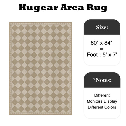 HUGEAR 5x7 Outdoor Rug Brown/Beige Linen-Look Fabric Checkered Area Rug High Traffic Stain Resistant Easy Clean Durable Rugs for Indoor/Outdoor Patio Deck Balcony Porch Garden Courtyard