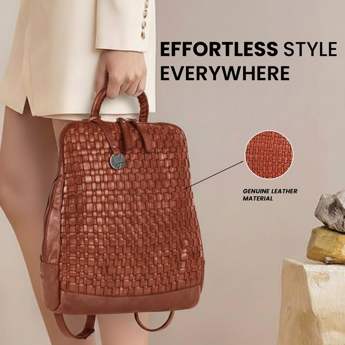 VILENCA HOLLAND 12.5 Inch Genuine Leather Backpack for Women and Men, Cognac Leather Backpack with Adjustable Shoulder Strap