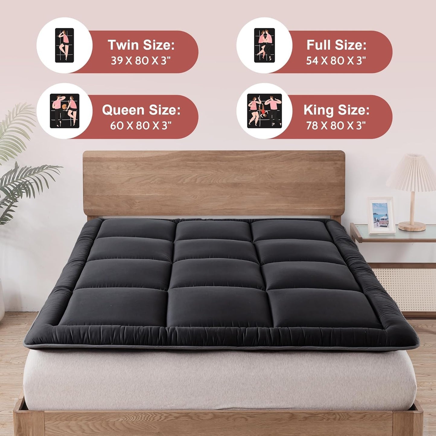 WhatsBedding Japanese Floor Mattress Futon Mattress 3" Black Tatami Mat Shredded Memory Foam Filled Sleeping Pad, Foldable & Portable Roll Up Lounger Camping Bed for Kids and Adult,Queen Size 60"x 80"