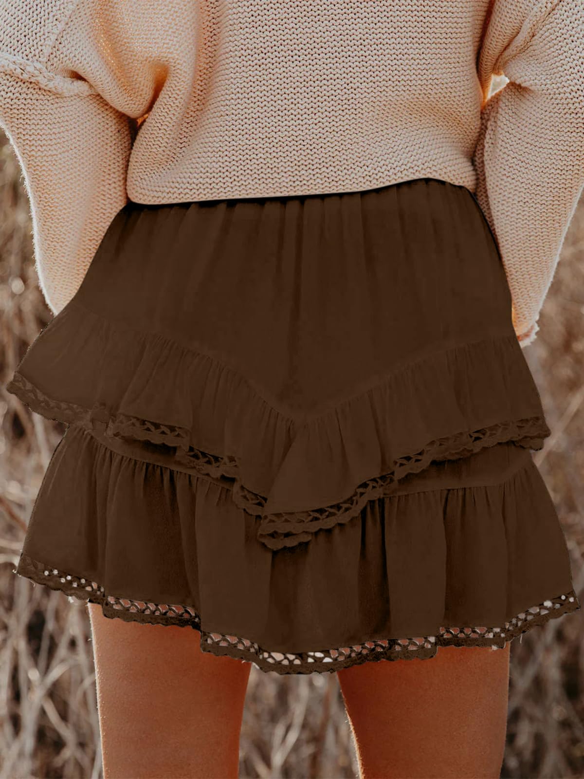Aoudery Flowy Shorts for Women Casual Boho Ruffle Tiered Skorts High Waist Mini Skirts Golf Tennis Butterfly Crochet Shorts - Chocolate Brown XL