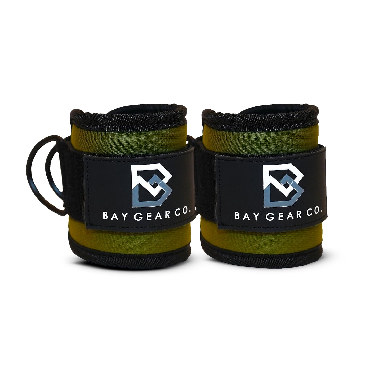 Bay Gear Co. Ankle Straps, Strong Hook and Loop System & Neoprene Padded for Cable Machine Glute Workouts, Slick Black Stainless Steel D Ring, Adjustable Fit for Men & Women, OD Green, Pair