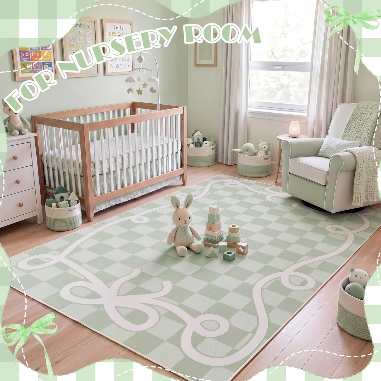 Klyyo Clyro Back to School Decoration Classroom Area Rug Green Bow Border Check Classroom Educational Area Rug for Kids, Children's Schoolroom for Teaching and Playroom, 5 x 7.6 Ft, Seats 20