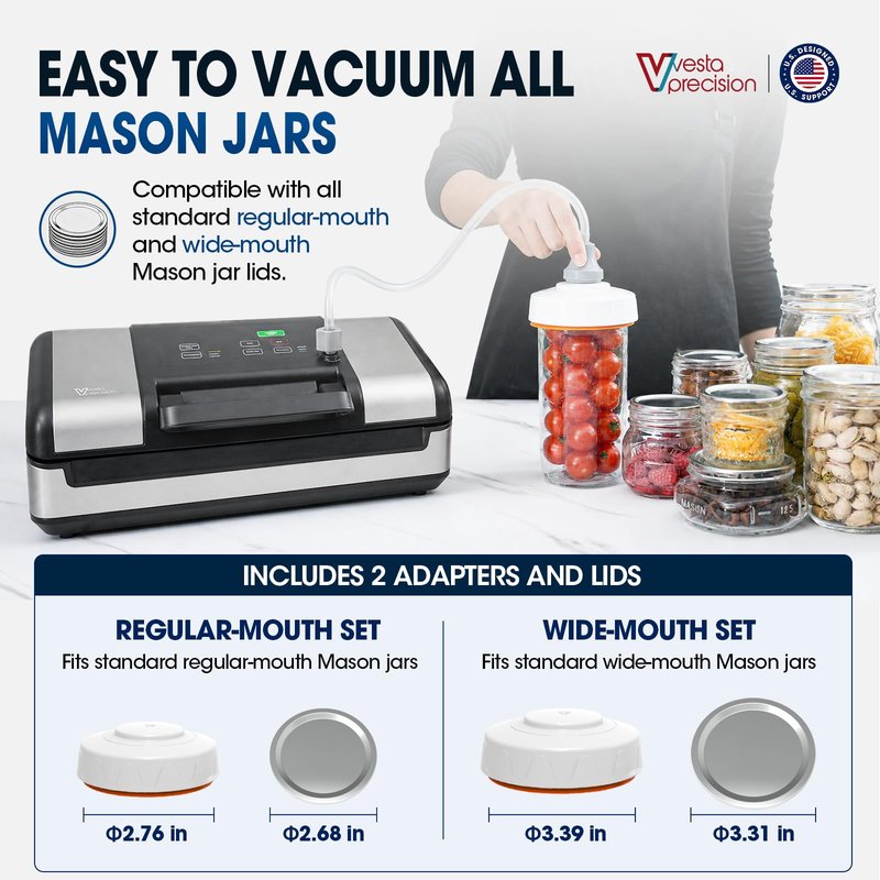 Vesta Precision 12" Vacuum Sealer Machine for Liquid & Moist Foods, Smart Heat Sealing Prevents Bag Melting, Built-in Cutter & Roll Storage Fits 2X20’ or 1X50' Rolls, Mason Jar Kit, Sous Vide, V23