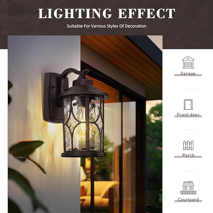 zeyu 12 Inch Outdoor Wall Lights, 2 Pack Exterior Front Porch Light, Die-Cast Aluminum, Oil Rubbed Bronze Finish with Water Ripple Glass Glass, ZX48BWG-2PK ORB