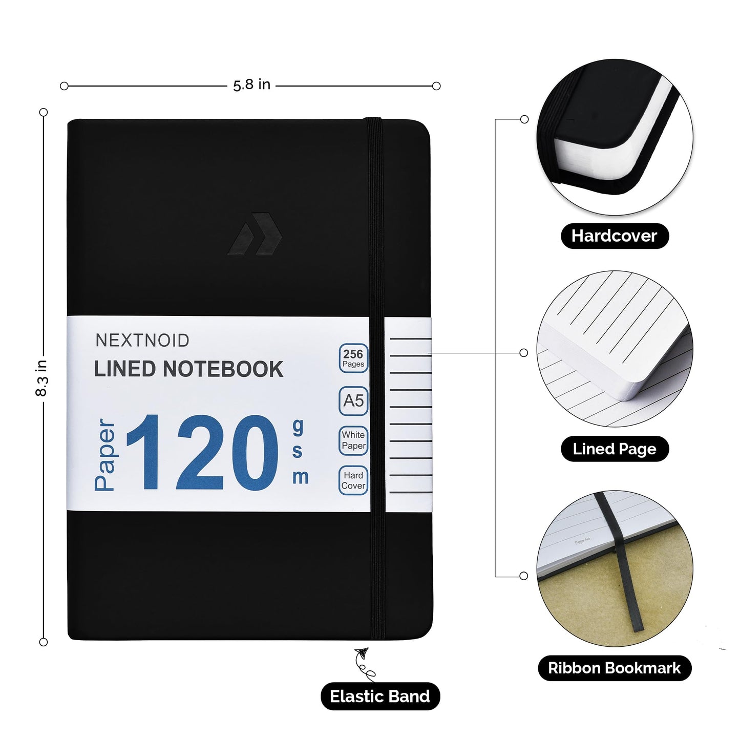 Nextnoid Hardcover Lined Journal Notebook - 120 GSM Thick Paper, Medium A5-256 Pages - Perfect For Writing, Journaling and Note-Taking (Black, Ruled)