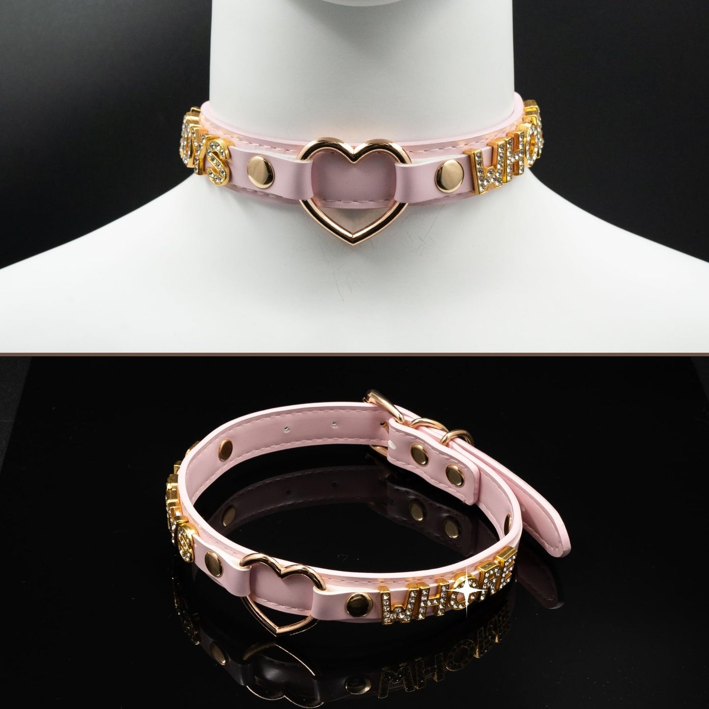 ADEMISHIA Handmade Gold Heart O-Ring Letter Choker Necklace for Women, Adjustable PU Leather Black/Pink Choker Collar For Women, Goth Choker Collars Necklace